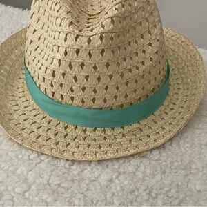 Small Straw Fedora Hat with Green Band